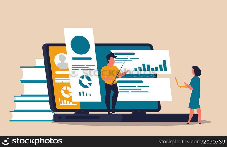 Online class training remotely by smartphone. Social distance and gaining knowledge online vector illustration. Man and woman study online college concept. Students and education from home with books