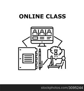 Online Class Vector Icon Concept. Online Class For Connection Pupils With Teacher, Online Studying And Learning Education Lesson. Digital Software For Remote Learn And Teach Black Illustration. Online Class Vector Concept Black Illustration