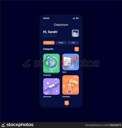 Online classes night mode smartphone interface vector template. Distance learning. Service for students. Mobile app page design layout. Remote education screen. Flat UI for application. Phone display. Online classes night mode smartphone interface vector template