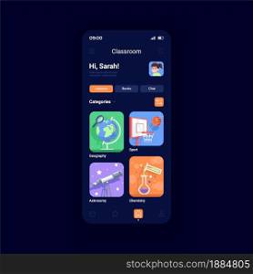 Online classes night mode smartphone interface vector template. Distance learning. Service for students. Mobile app page design layout. Remote education screen. Flat UI for application. Phone display. Online classes night mode smartphone interface vector template