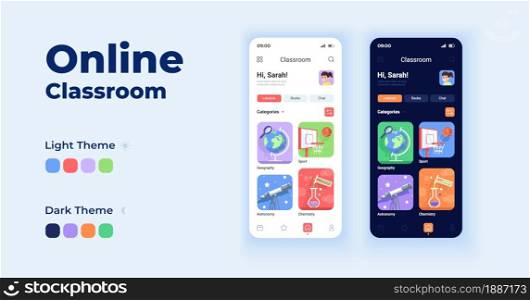 Online classroom cartoon smartphone interface vector templates set. Remote learning. Mobile app screen page day and dark mode design. School UI for application. Phone display with flat character. Online classroom cartoon smartphone interface vector templates set