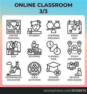 Online classroom icon set in modern style for ui, ux, web, app, brochure, flyer and presentation design, etc.. Online classroom icon set