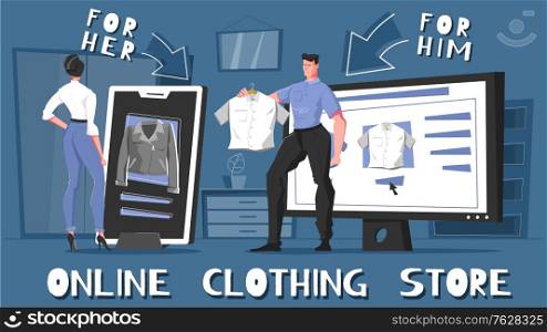 Online clothing store flat composition with for him and for her stores vector illustration