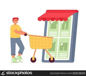 Online clothing store flat concept vector spot illustration. Man with trolley cart purchasing clothes on phone. Editable 2D cartoon character on white for web UI design. Shopping creative hero image. Online clothing store flat concept vector spot illustration