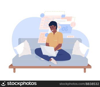 Online coding class 2D vector isolated illustration. Boy learning programming from home sitting on couch flat character on cartoon background. Colorful editable scene for mobile, website, presentation. Online coding class 2D vector isolated illustration