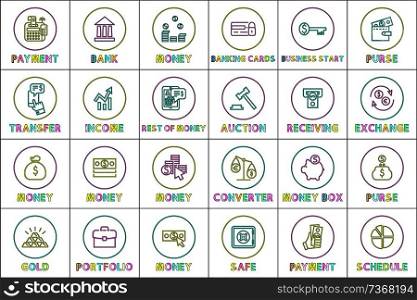 Online commerce and web shopping linear icons set. Payment and purchasing with e-money outline buttons isolated cartoon flat vector illustrations.. Online Commerce and Web Shopping Linears Icons