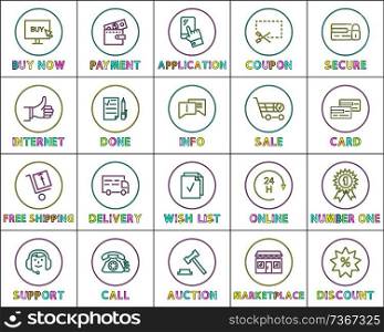 Online commerce round linear icons templates set. Internet shopping bright outline buttons for purchase accomplishment isolated vector illustrations.. Online Commerce Round Linear Icons Templates Set