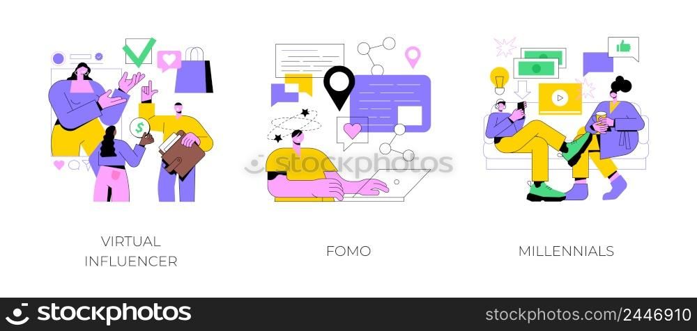 Online communication abstract concept vector illustration set. Virtual influencer, FOMO, millennials generation, digital native and social media, brand avatar, fear of missing out abstract metaphor.. Online communication abstract concept vector illustrations.