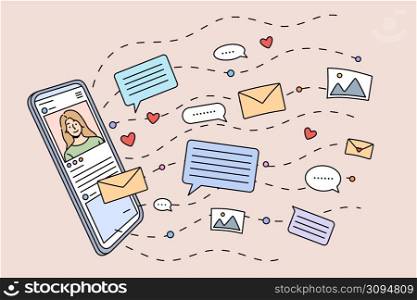 Online communication and chatting on modern cellphone device. Social media notifications and email on smartphone gadget. Communicating on internet. Flat vector illustration. . Online communication and social media activity on cell