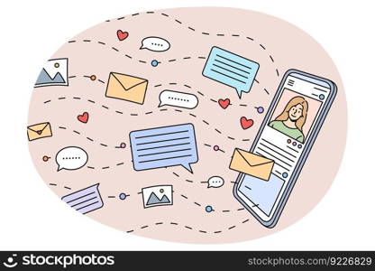 Online communication and chatting on modern cellphone device. Social media notifications and email on smartphone gadget. Communicating on internet. Flat vector illustration.. Online communication and social media activity on cell