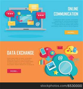 Online Communication and Data Exchange Banners.. Online communication and data exchange conceptual banners. Online communication and exchange concepts. Data network internet web connection. Web posters internet technologies. Vector illustration