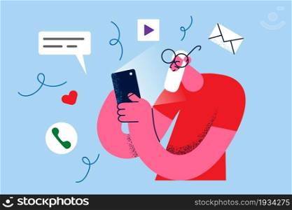Online communication and elderly people concept. Mature positive man cartoon character standing looking at smartphone screen searching in internet vector illustration . Online communication and elderly people concept
