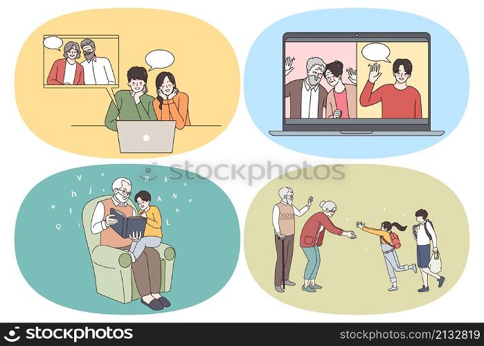 Online communication and Happy family concept. Set of happy family relatives meeting online reading grandparents meeting their grandkids enjoying time together vector illustration. Online communication and Happy family concept