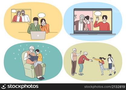 Online communication and Happy family concept. Set of happy family relatives meeting online reading grandparents meeting their grandkids enjoying time together vector illustration. Online communication and Happy family concept