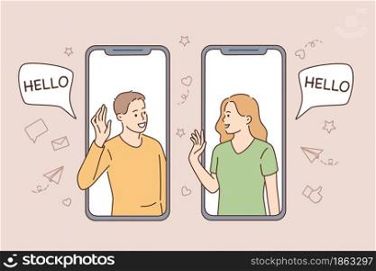 Online Communication, chatting and technologies concept. Young people woman and man looking at each other from smartphone screen greeting feeling cheerful vector illustration . Online Communication, chatting and technologies concept.