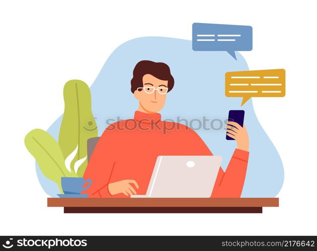Online communication concept. Man find idea, boy work from home. Busy manager or web developer vector illustration. Business online communication, job employment. Online communication concept. Man find idea, boy work from home. Busy manager or web developer vector illustration