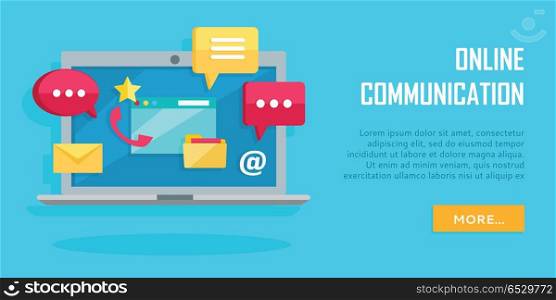Online Communication Conceptual Banner. Laptop. Online communication conceptual banner. Laptop with chat web conversation signs. Interface dialog, talk button, application speech balloon, message, sms, email. App icon flat style design. Vector
