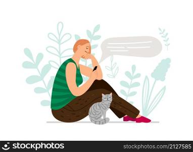 Online communication. Girl chatting, talking at messenger on smartphone. Cute cat and female vector character. Online communication, girl chatting