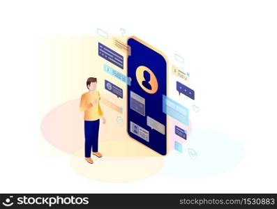 Online communication isometric color vector illustration. Virtual UI. Person using smartphone. Social media infographic. Messenger. Chatting. Futuristic technology. Webpage, mobile app 3d concept. Online communication isometric color vector illustration