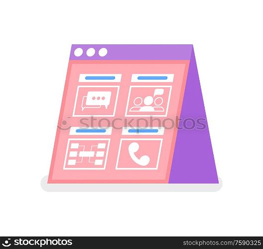 Online communication screen, message and cell icons, association and notification. Abstract pink web page of society intercourse, template of chat vector. Online Communication, Message and Cell Icon Vector