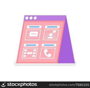 Online communication screen, message and cell icons, association and notification. Abstract pink web page of society intercourse, template of chat vector. Online Communication, Message and Cell Icon Vector