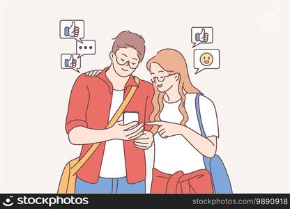 Online communication, sharing and liking posts in internet concept. Happy couple looking at screen of smartphone together and searching for subscribers reaction for posts illustration . Online communication, sharing and liking posts in internet concept