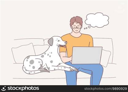 Online communication, spending time with pet together concept. Young concentrated man dog owner cartoon character and pet sitting on couch together and chatting on laptop at home vector illustration. Online communication, spending time with pet together concept