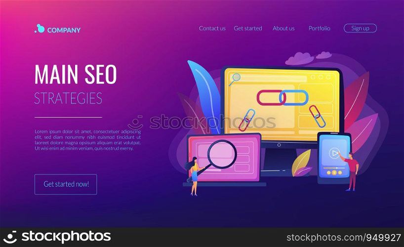 Online communication technology, internet business, marketing research. Link building, main SEO strategies, search engine optimization concept. Website homepage landing web page template.. Link building concept landing page