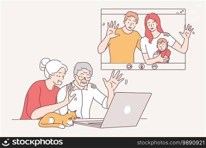 Online communication, video call and distant meeting concept. Children and grandchildren chatting with elderly relatives online on laptops having family meeting remotely illustration . Online communication, video call and distant meeting concept