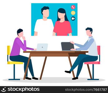 Online communication with couple. Isolated characters of consulting company talking to man and woman using internet and video connection. Workers with laptops in office, vector in flat style. Family Consultation via Video Channels Clients Call