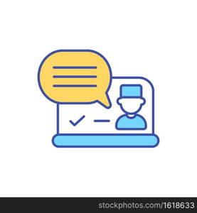 Online communication with doctor RGB color icon. Chatting with physician. Texting GP doctor on computer. Internet communication, hospital service. Online diagnosis. Isolated vector illustration. Online communication with doctor RGB color icon