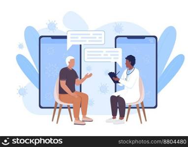 Online communication with male doctor flat concept vector illustration. Visit therapist. Editable 2D cartoon characters on white for web design. Creative idea for website, mobile, presentation. Online communication with male doctor flat concept vector illustration