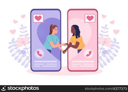 Online communication with partner flat concept vector illustration. Two girls in love isolated 2D cartoon characters on white for web design. Meeting soulmate through dating app creative idea. Online communication with partner flat concept vector illustration