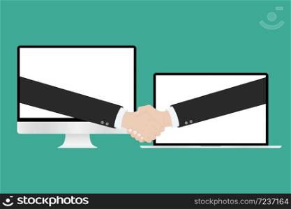 Online conclusion of the transaction. business handshake, via ?omputer and laptop. vector illustration.