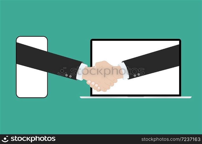 Online conclusion of the transaction. business handshake, via phone and laptop. vector illustration.