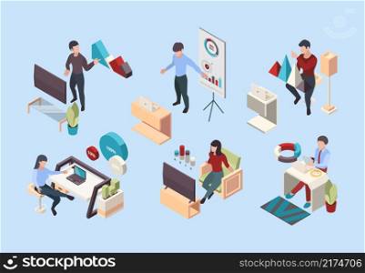 Online conference isometric. Remote workers sitting and home talking with gadgets self isolation house digital work garish vector illustrations. Conference business from home use laptop. Online conference isometric. Remote workers sitting and home talking with gadgets self isolation house digital work garish vector illustrations