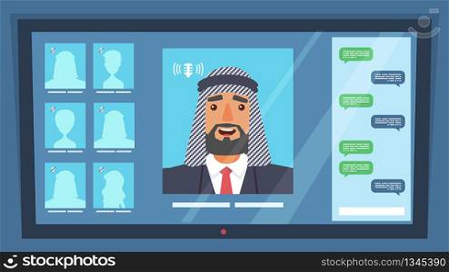 Online Conference Representative Business Company. Flat Vector Illustration Man Arab Nationality Conducts Video Chat with an Affiliate Company. Discussion Work Plan. Factory Production Report. Monitor
