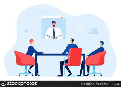 Online conference team with leader boss concept. Vector team boss online, meeting conference leader illustration. Online conference team with leader boss concept