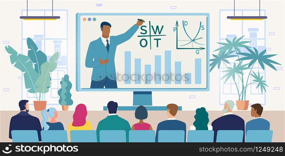Online Conference, Video Seminar or Business Meeting Flat Vector Concept. Lecturer, Business Coach, Company Leader Conducting Distant Meeting, Project Presentation for Company Employees Illustration