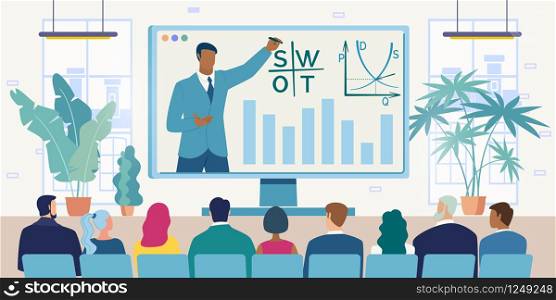 Online Conference, Video Seminar or Business Meeting Flat Vector Concept. Lecturer, Business Coach, Company Leader Conducting Distant Meeting, Project Presentation for Company Employees Illustration