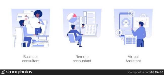 Online consultancy services isolated concept vector illustration set. Business consultant, remote accountant with laptop, virtual assistant, online bookkeeping, financial advisor vector cartoon.. Online consultancy services isolated concept vector illustrations.