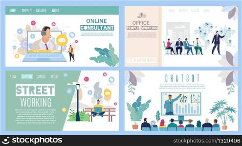 Online Consultant, Office and Street Working, Business Chatbot Flat Vector Web Banners, Landing Pages Set. Clients Helpline, Partners Meeting, Working Freelancer, Business Presentation Illustration