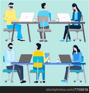 Online consultants or managers isolated. Vector people working on laptops and planning financial issues. Investors analyzing sales, sitting at tables on chair. Online consultants or managers isolated. Vector people working