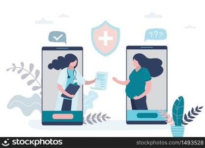 Online consultation and recommendations of a physician. Prenatal medicine,famale characters. Medical application on smartphone. Internet chat. Cute pregnant woman and doctor.Trendy vector illustration