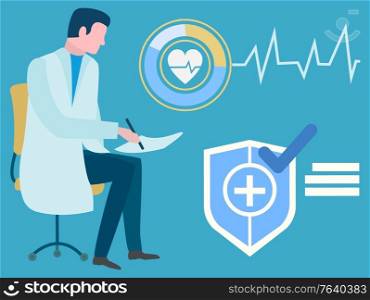 Online consultation, doctor analysis, healthcare consultation. Logotype of heartbeat and medical cross icon, treatment technology, clinic logo vector. Logo of Medical Cross, Doctor and Heartbeat Vector