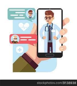 Online consultation of an old man with doctor, smartphone with man on screen. Medical service, tele medicine. Chat in messenger. Cartoon flat style isolated illustration. Vector healthcare concept. Online consultation of an old man with doctor, smartphone with man on screen. Medical service, tele medicine. Chat in messenger. Cartoon flat isolated illustration. Vector healthcare concept