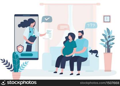 Online consultation,recommendations of a physician. Prenatal medicine. Medical app on smartphone. Internet chat. Cute pregnant woman with husband in home and doctor. Living room interior.Vector