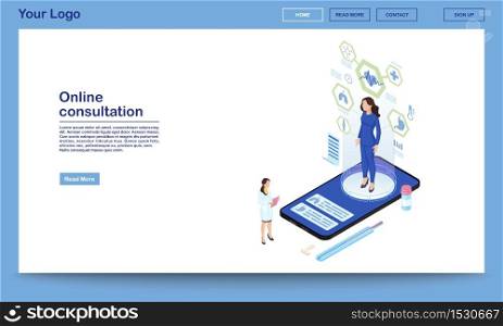 Online consultation service isometric landing page template. Remote internal organs diagnostics. 3d patient hologram with distance organism scanning technology. Modern medical research center webpage. Online consultation service isometric landing page template. Remote internal organs diagnostics. 3d patient hologram with distance organism scanning technology. Modern medical research center webpage