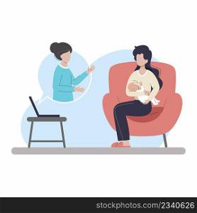 Online consultation specialist Young woman breastfeeding infant. Mom and baby. Medical care on Internet.