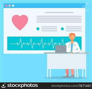 Online consultation with cardiologist. Concept of medical website. Doctor with stethoscope and laptop sitting at table. Medical virtual support, medical help at distance. Online medical service. Online consultation with cardiologist, medical website, doctor with stethoscope and laptop